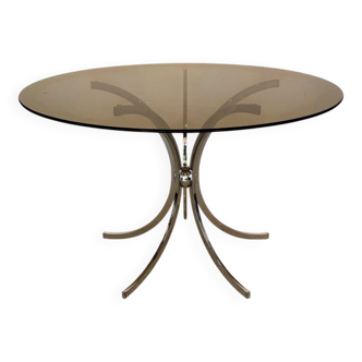 Vintage 1970s round table – smoked glass & chrome base –