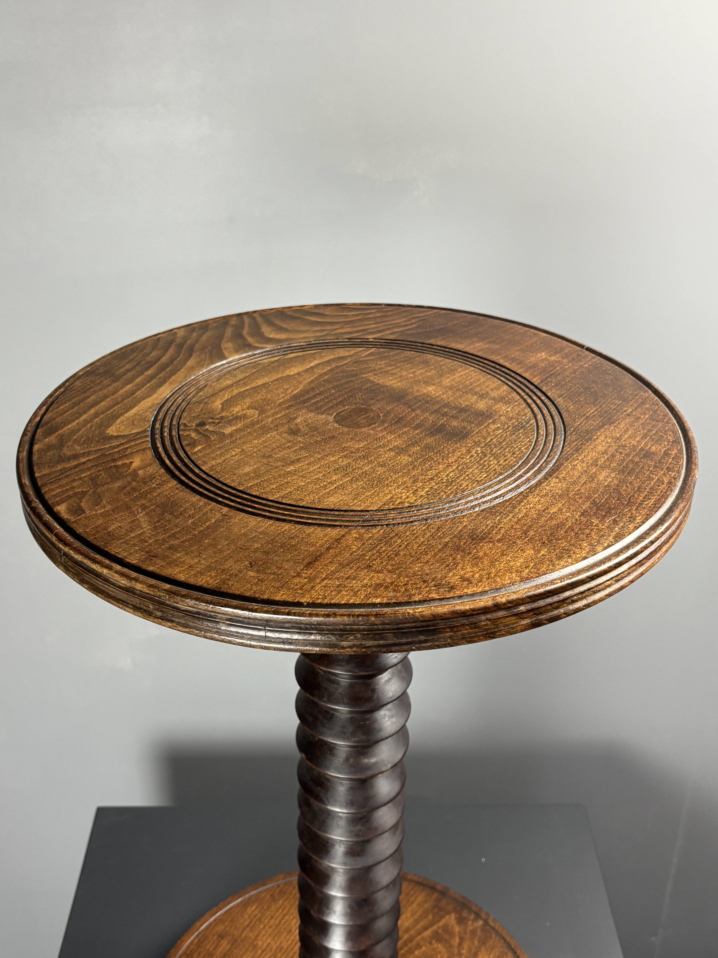 Midcentury brutalist wood turned side table in the style of Charles Dudouyt