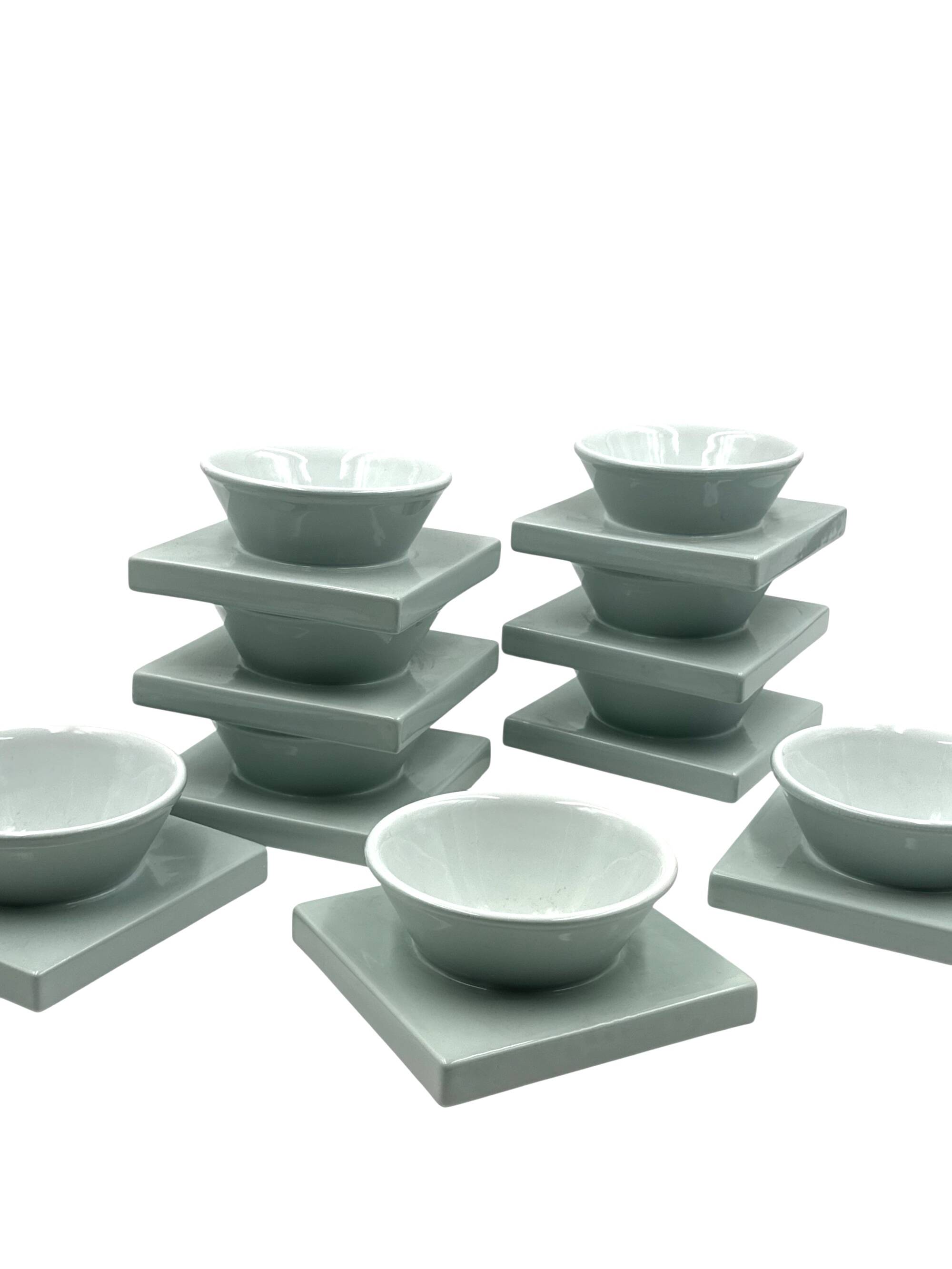 Set of 9 ceramic light blue ceramic bowls, I + I Italy, 1970s