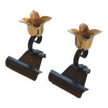 Set of two candlesticks, in the shape of flowers, tulips in black and gold metal, vintage