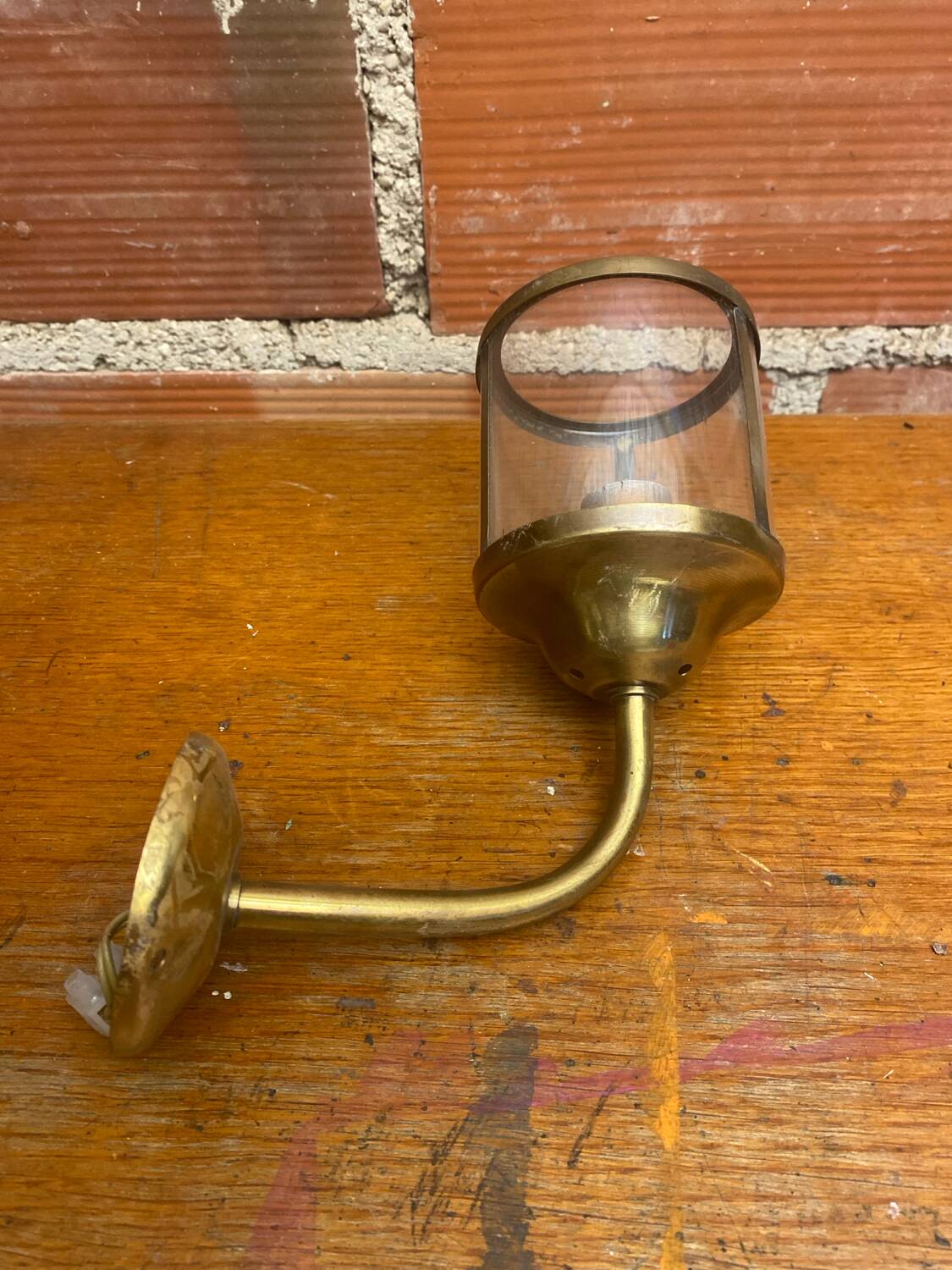 Antique Wall Lamp Lantern Gold Metal + Vintage Glass Cylinder #C528