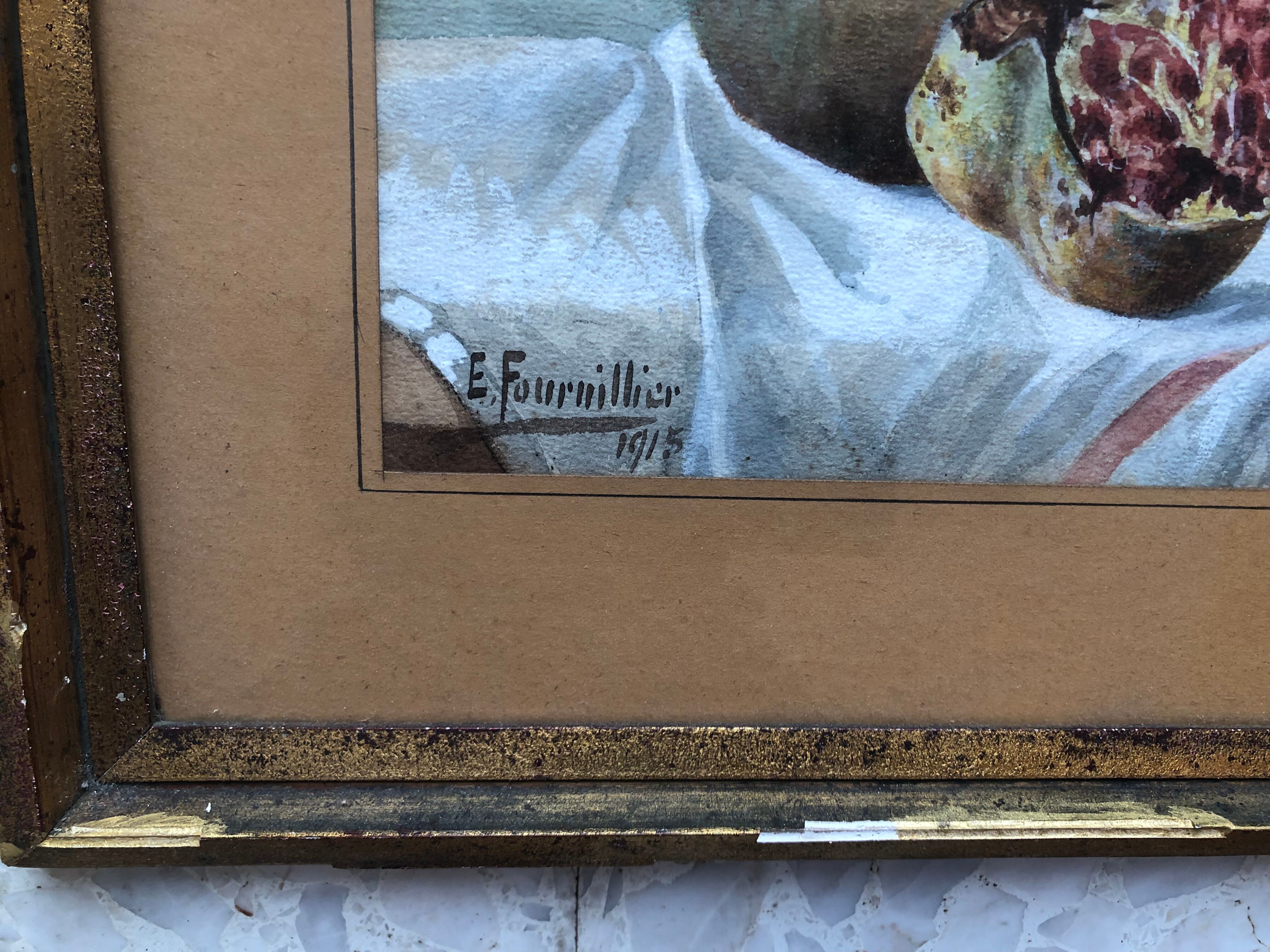 Watercolor "les grenades" signed e. fournillier 1915, in gilded wood frame, still life, perpignan 66