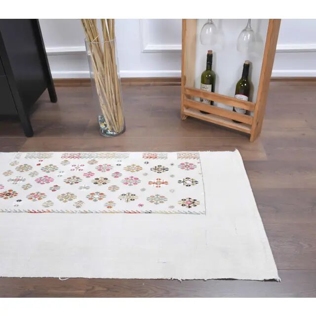 Vintage Turkish Oushak handmade wool cotton white kilim runner rug 68x215