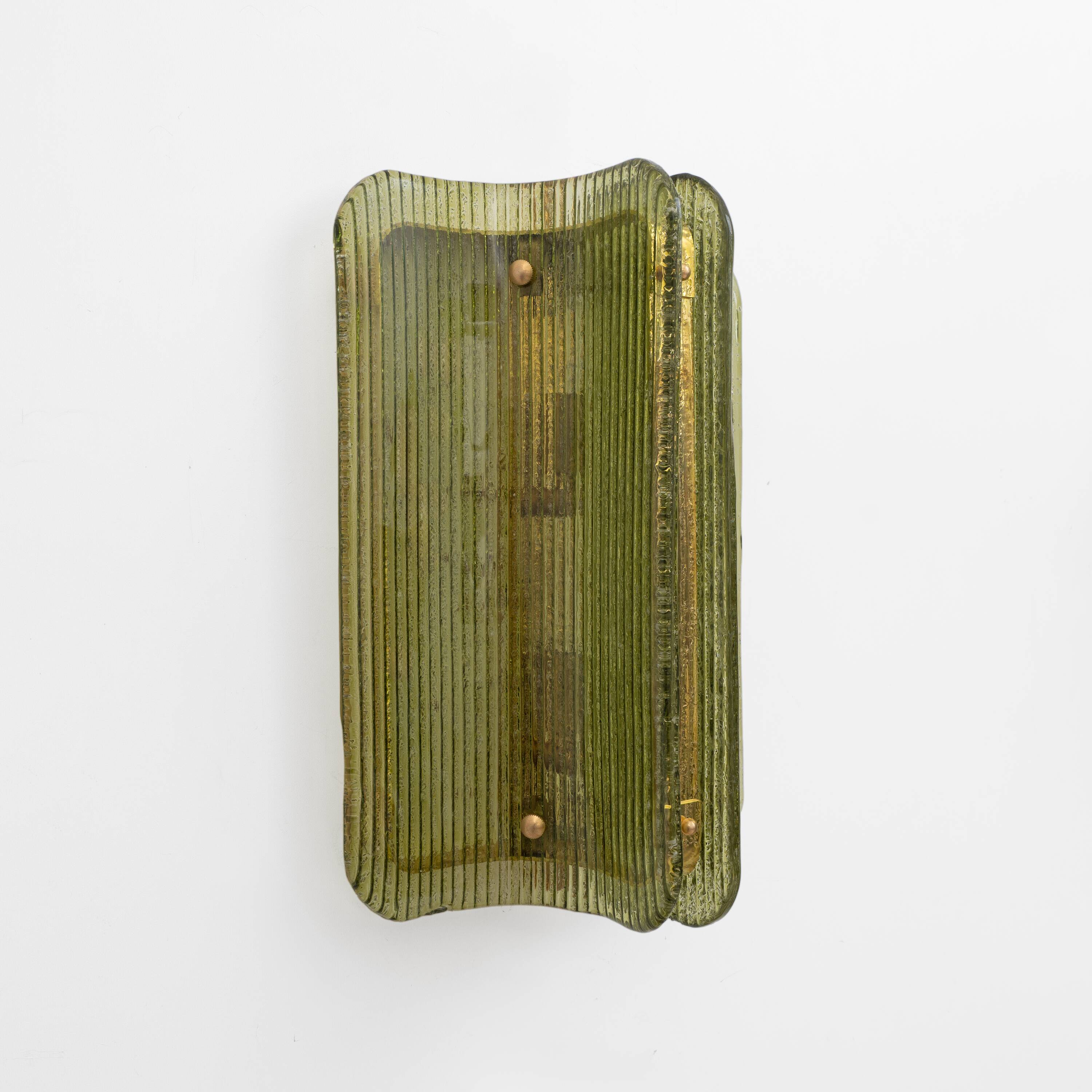 Pair of Curved, Ribbed Murano Glass and Brass Wall Sconces