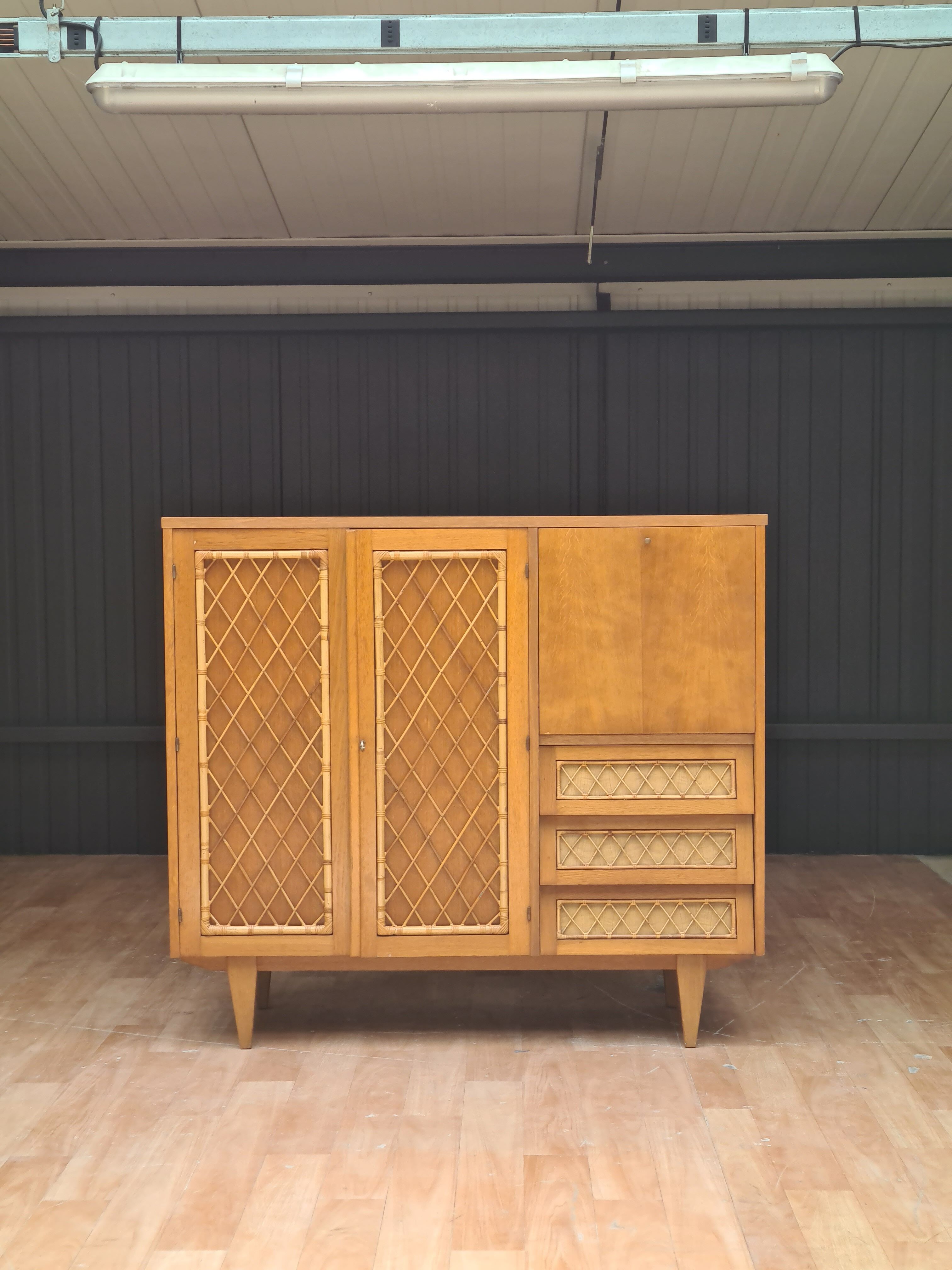 Wardrobe secretary child 60s wood and rattan feet compass