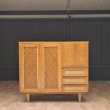 Wardrobe secretary child 60s wood and rattan feet compass