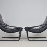 Paire de fauteuils scandinaves avec coussins en cuir, années 1970