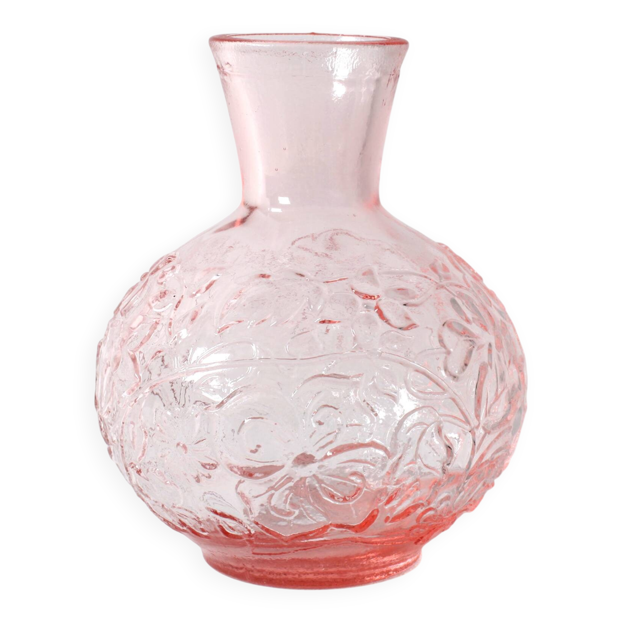 Vintage Small Pink Pressed Glass Vase with Flowers Pattern / Italy / 1960s