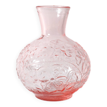 Vase en verre pressé rose vintage petit avec motif de fleurs / Italie / années 1960