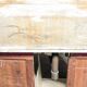 Antique wooden bathroom cabinet with painted finish and white marble.