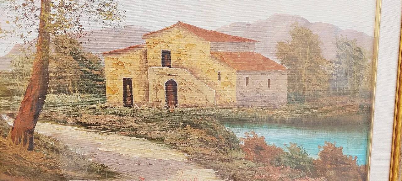 Tuscan landscape by R. Morelli, oil on canvas, late 20th century