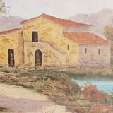 Tuscan landscape by R. Morelli, oil on canvas, late 20th century