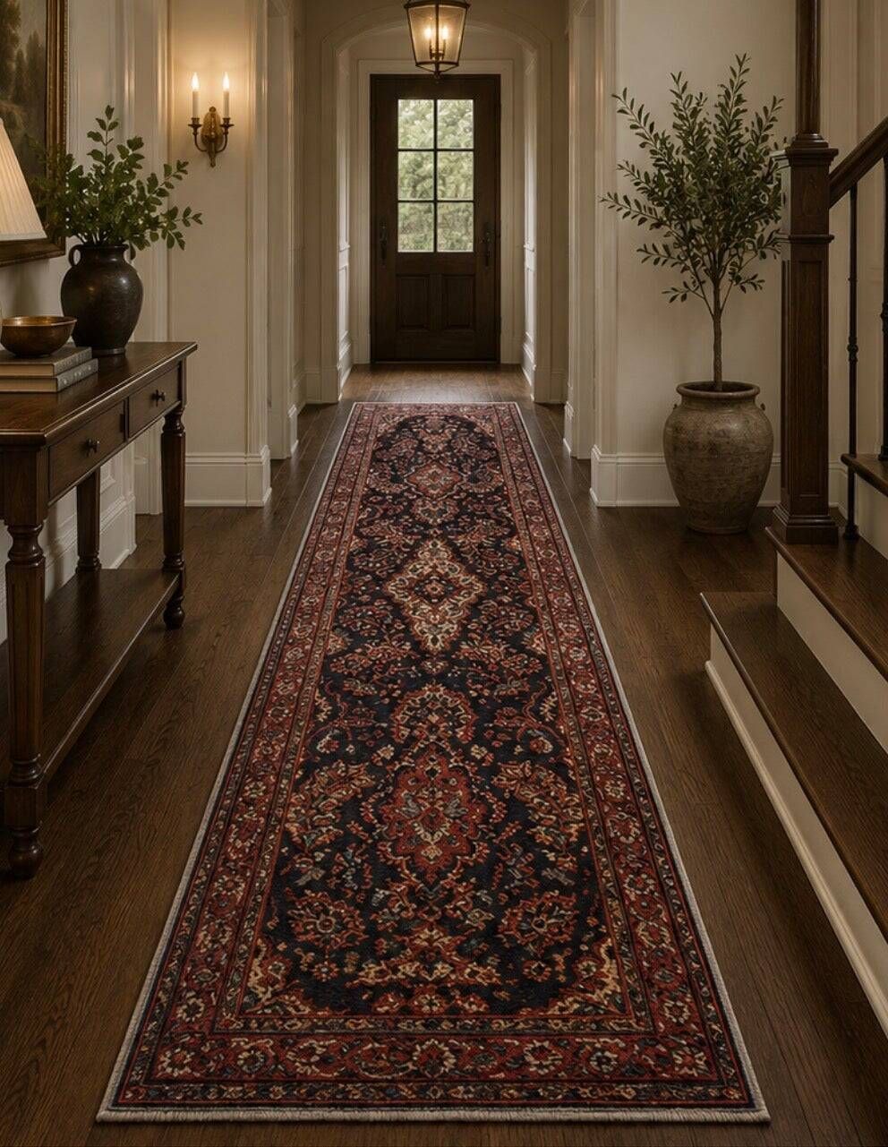 Long Vintage Oriental Runner Rug, Herati Wool Handwoven Hallway Carpet, 85 x 365
