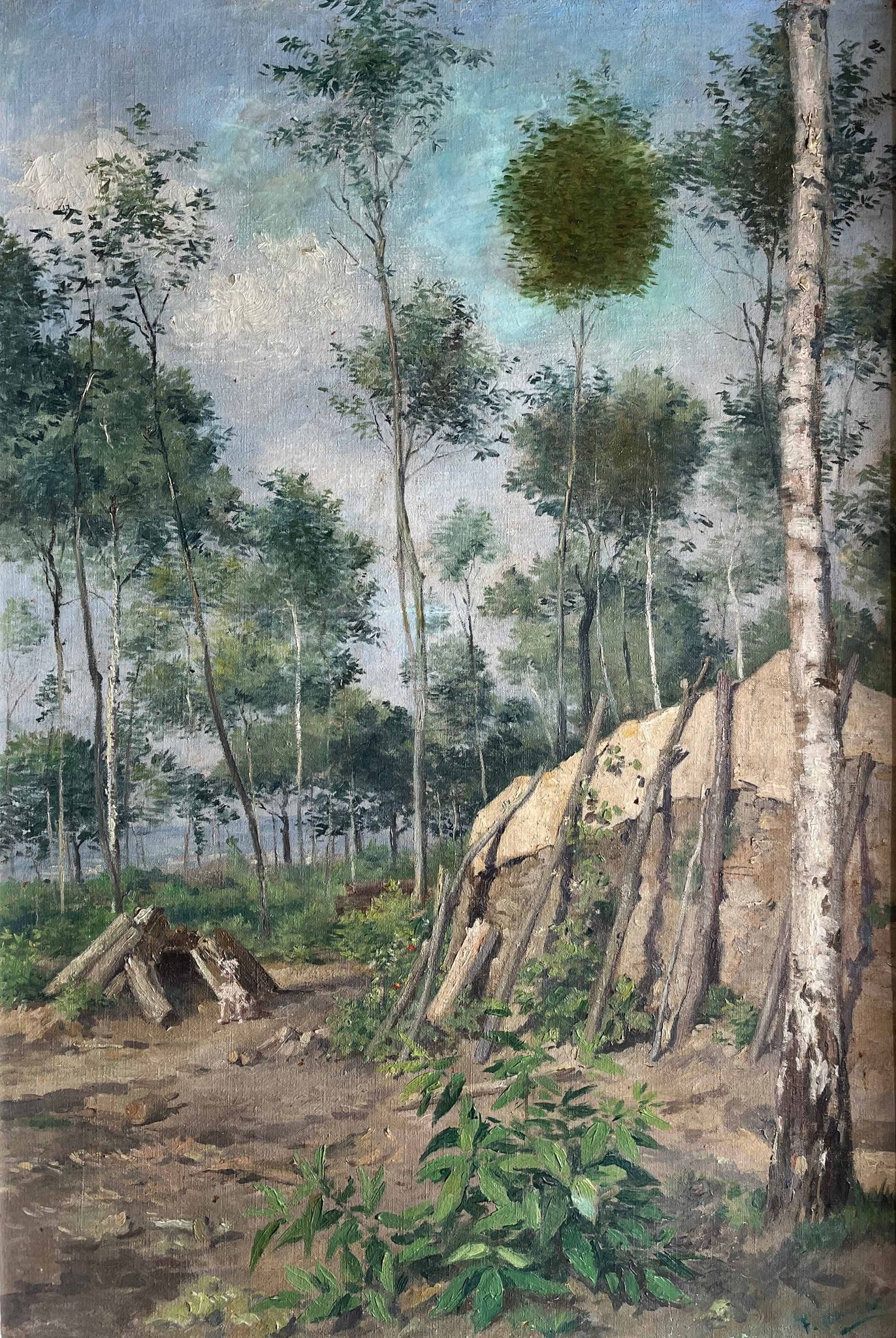 Tableau hst "forest with cabin" lumberjack forestry early 20th century