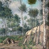 Tableau hst "forêt avec cabane" bucheron sylviculture début xx°