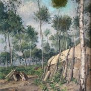 Tableau hst "forest with cabin" lumberjack forestry early 20th century