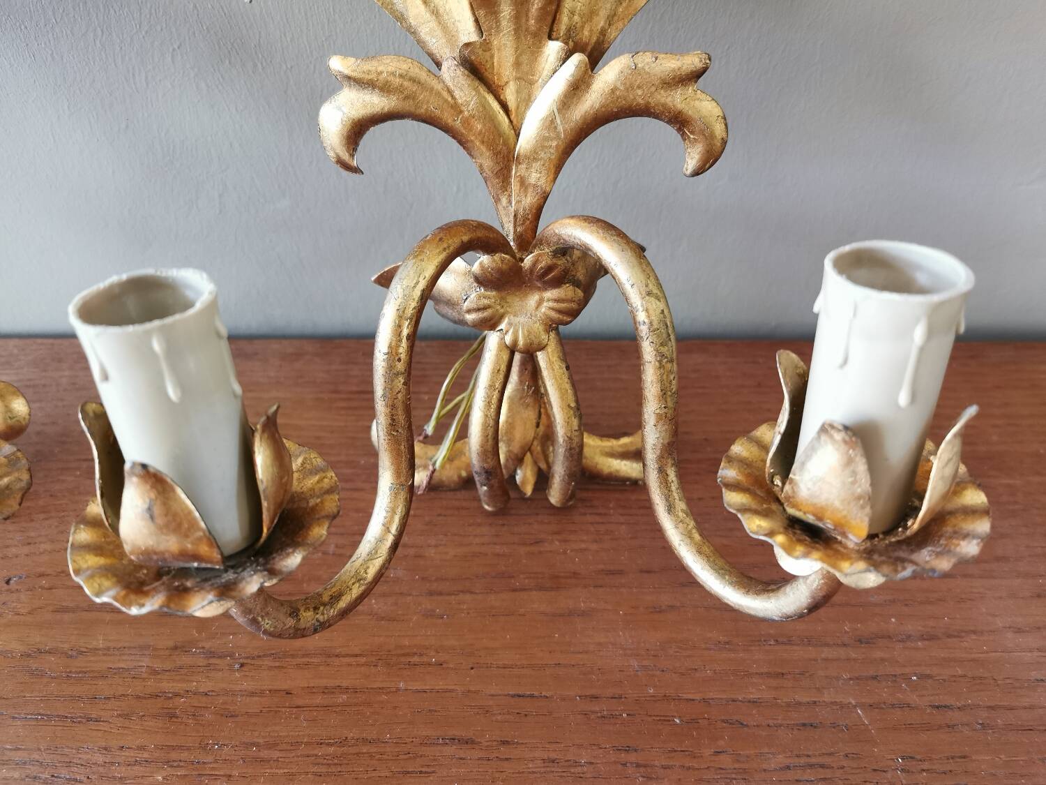 Pair of vintage 70s wall lights in gold metal