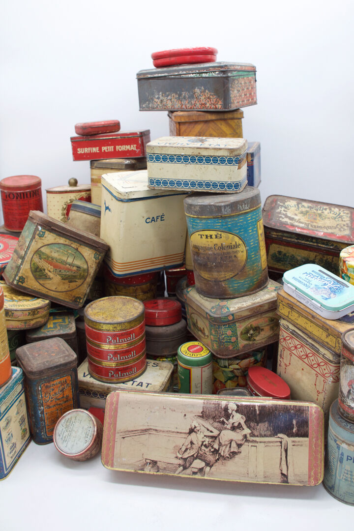 Set of eighty-two metal food boxes 1940'