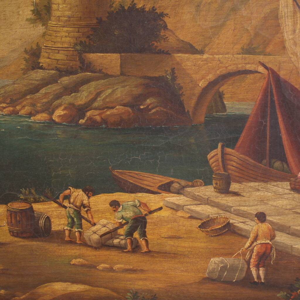 20th century Italian painting of a harbor view
