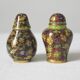 Salt shaker and pepper shaker in brass and vintage cloisonné enamel