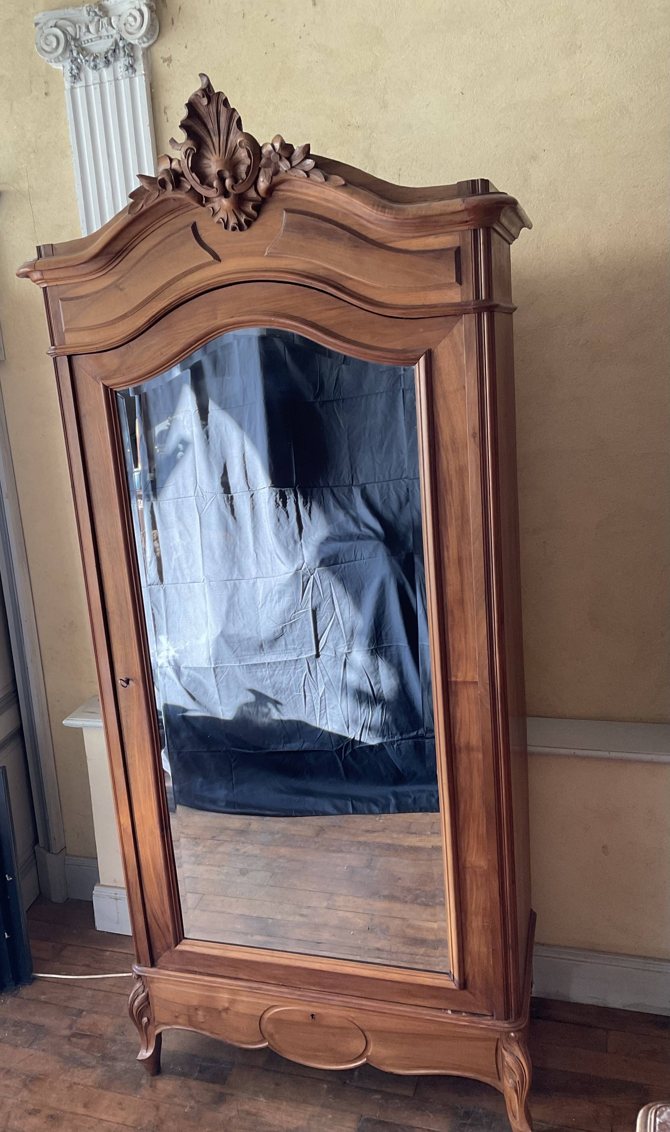 Antique Louis XV style mirrored wardrobe in solid walnut