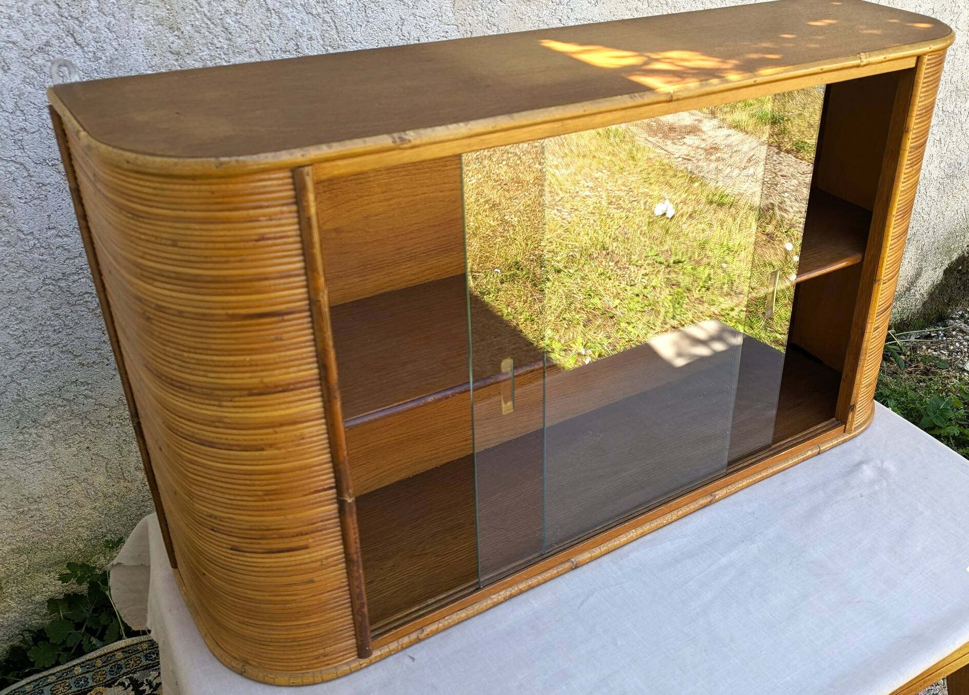 Vintage Glass Wall Shelf in Wood and Rattan, Rounded Corners