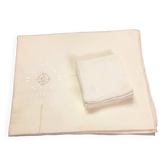Nappe ancienne brodée et ajourée avec ses 6 serviettes