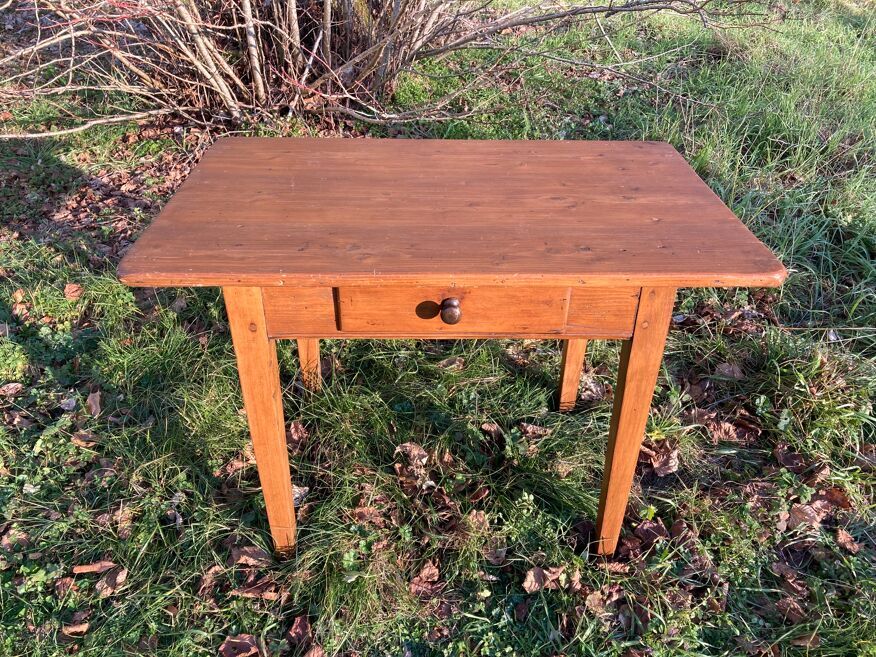 Rectangular wooden farmhouse table or rustic desk with antique drawer
