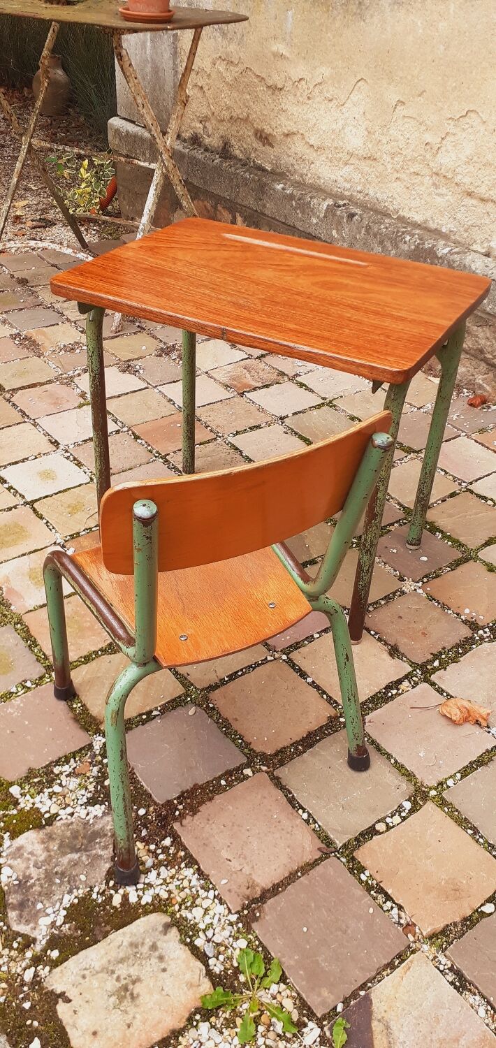Children's desk and its chair year 50 solid teak tubular structure