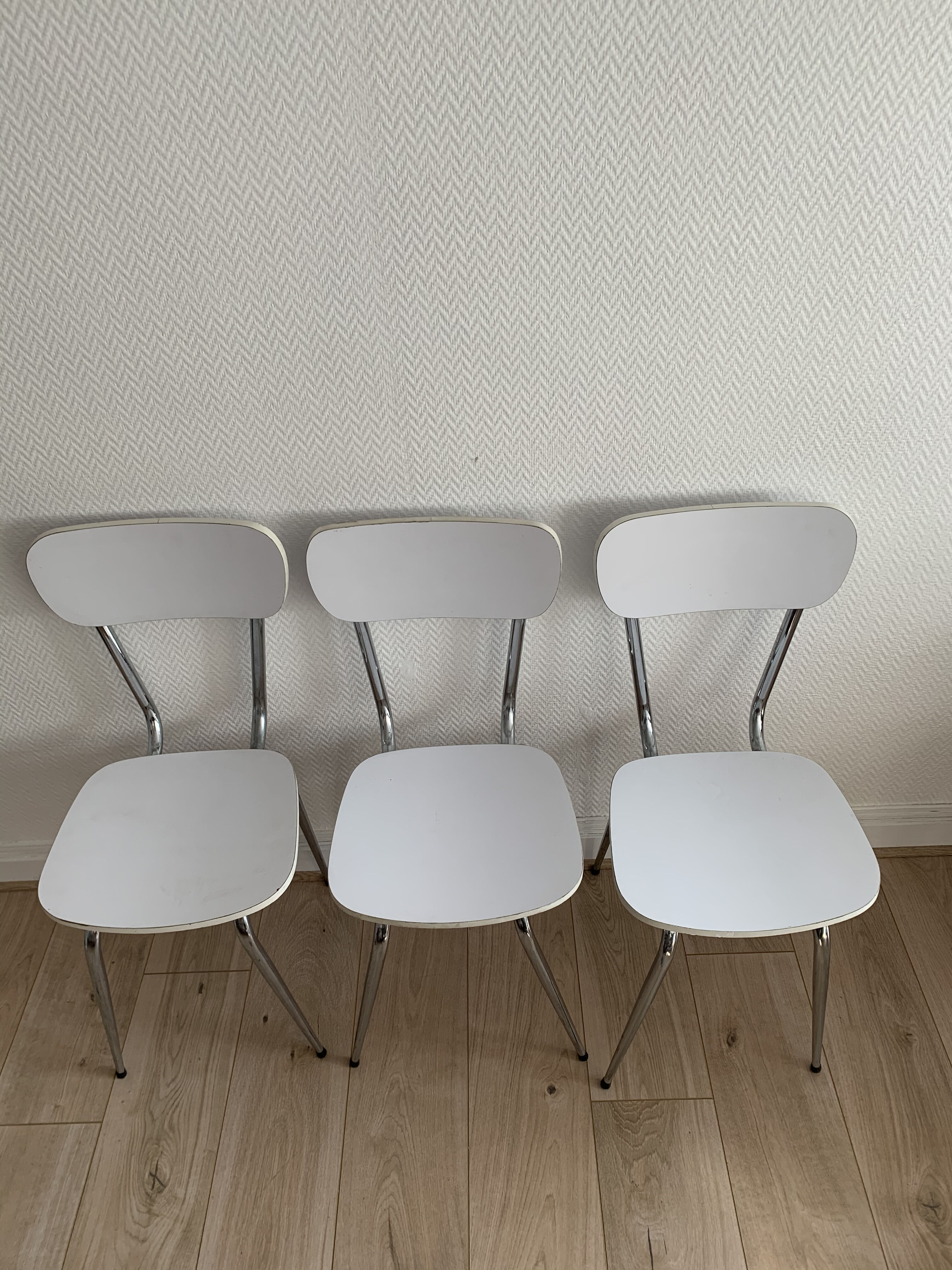 Lot of 3 vintage white kitchen chairs