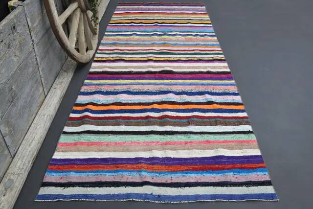 1970s Vintage Turkish Oushak Handmade Wool Cotton Blue Runner Rug 142x347