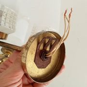 Pair of vintage double-light wall sconces in brass and etched glass from the 60s/70s.