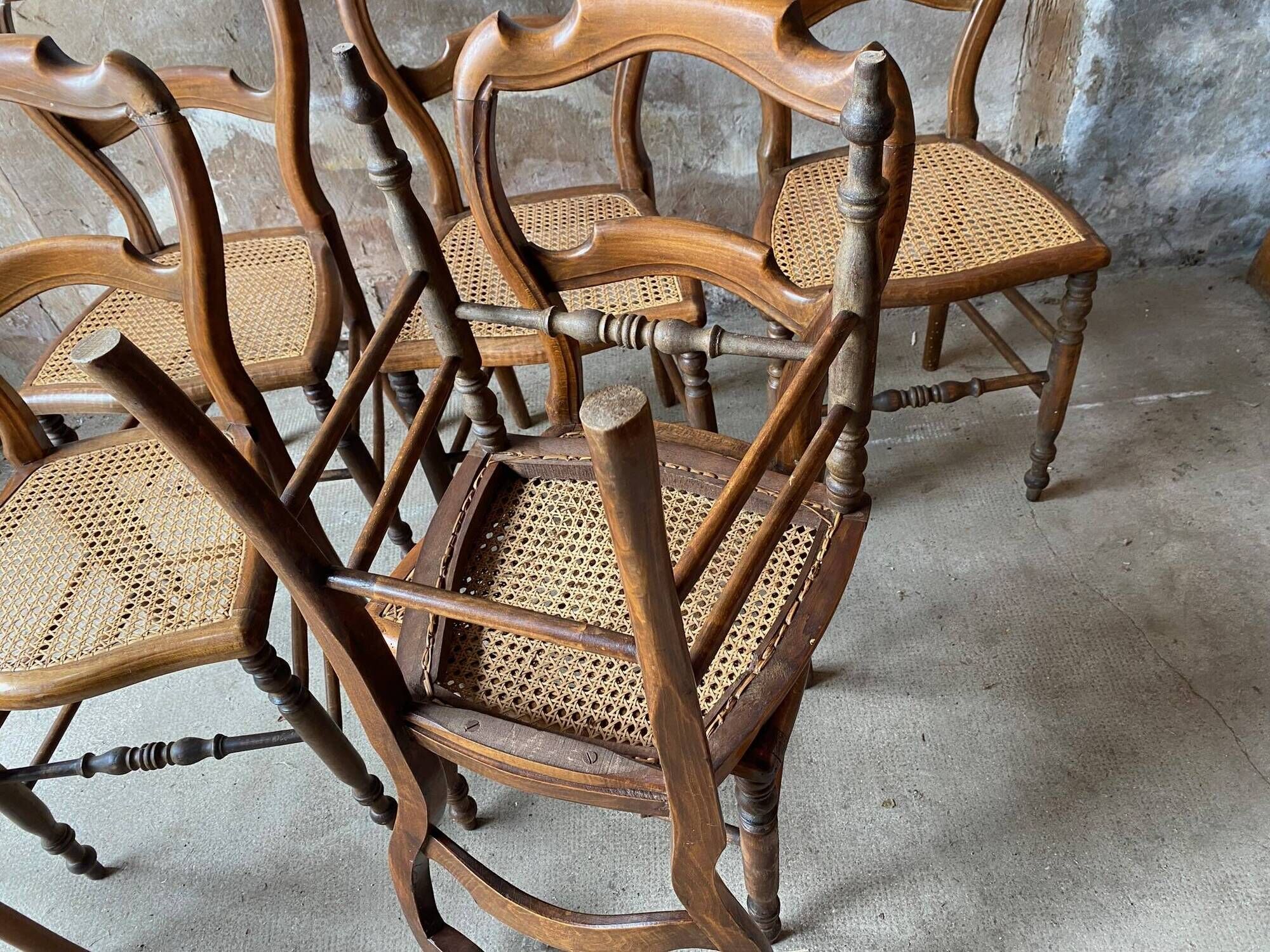 Set of 7 antique chairs canning and wood 1900s