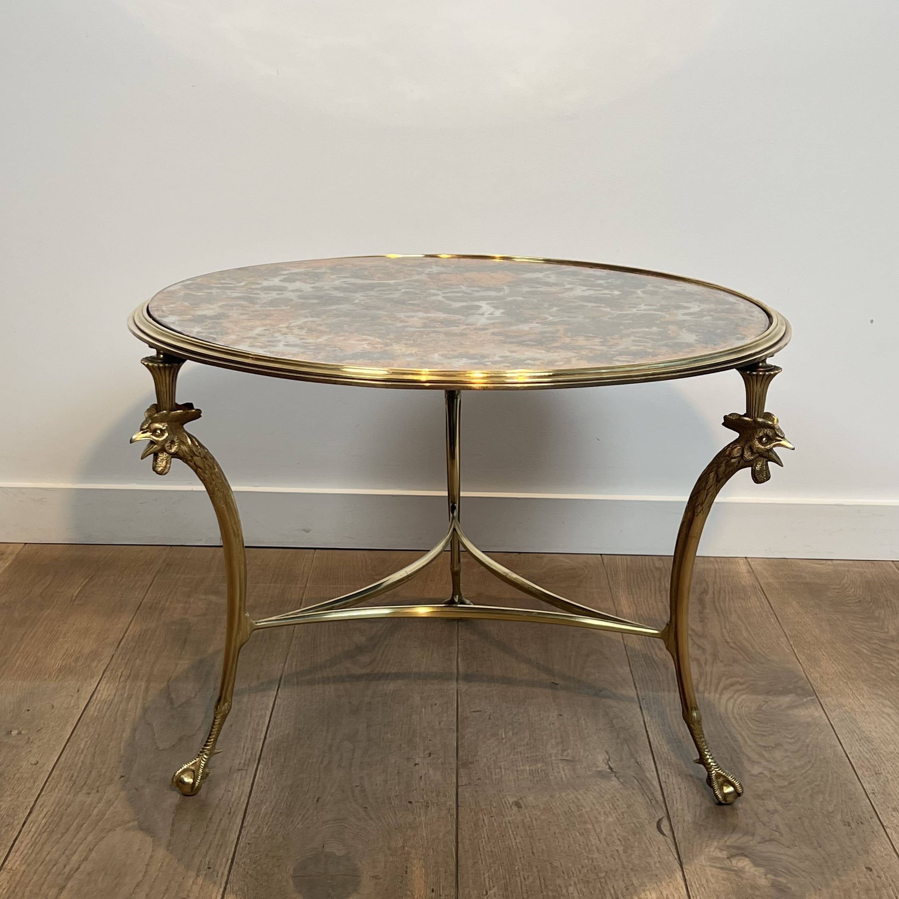 Tripod Circular Coffee Table "Aux Coqs" in Bronze and Églomisé Mirror, May