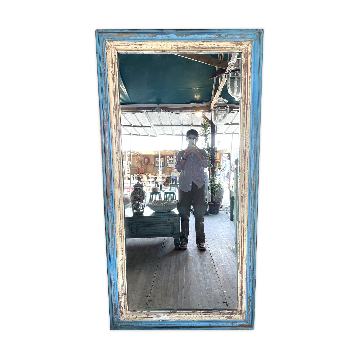 Large beige and blue teak mirror