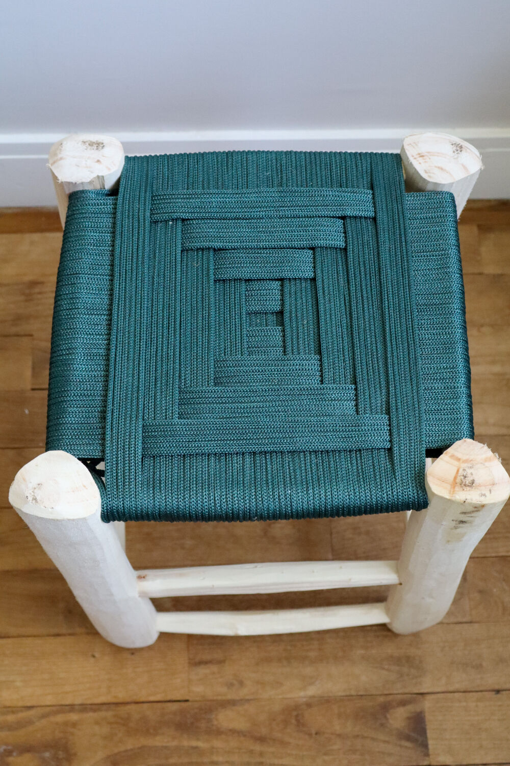 Moroccan stool bohemian wood and nylon emerald green