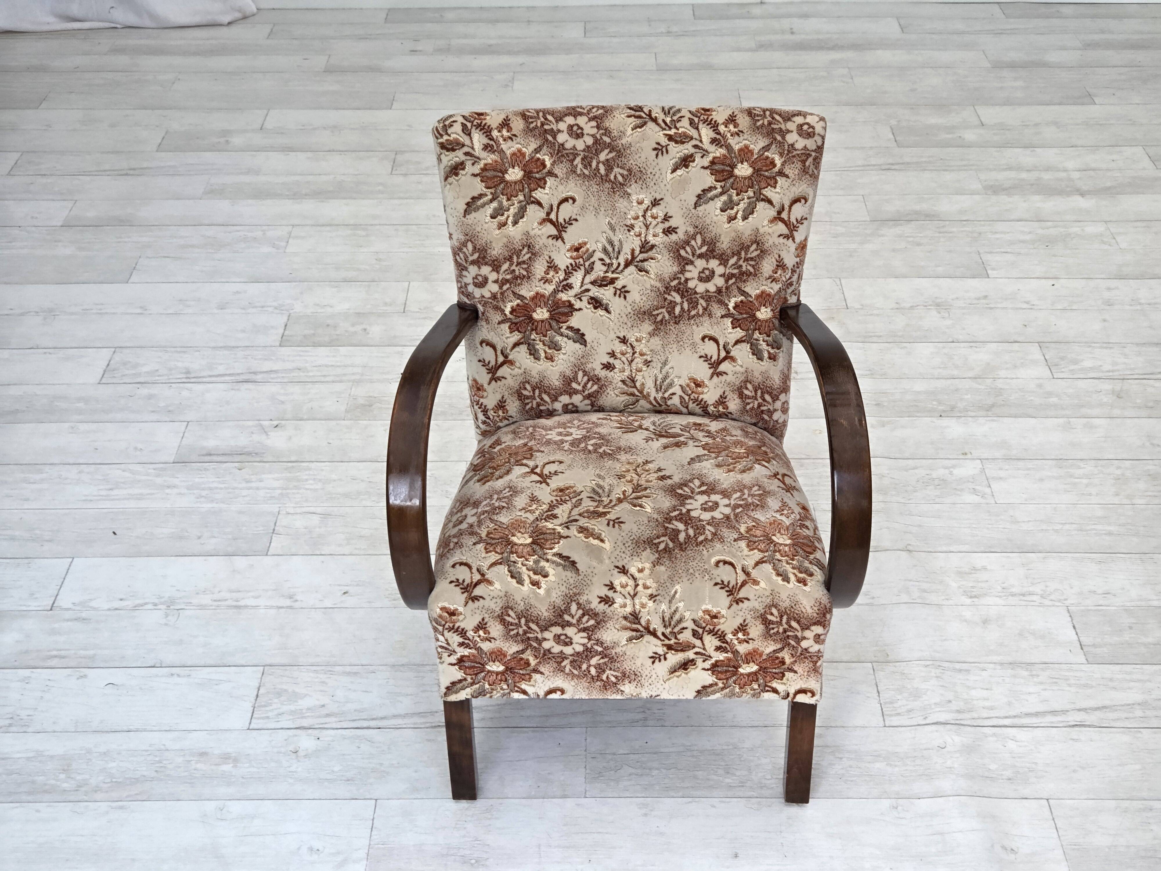 1950s, Danish artdeco armchair, furniture velour, beech wood, reupholstered
