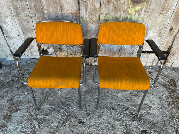Paire Fauteuil Ancien Métal Chromé + Tissu Orange + Bois 1970 Vintage