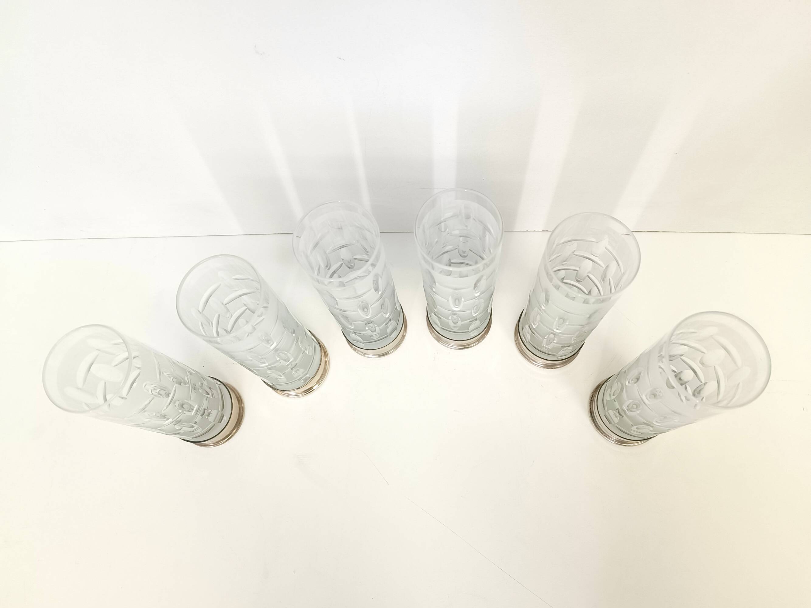 Set of Six Bohemian Ground Crystal and Silver Drinking Glasses