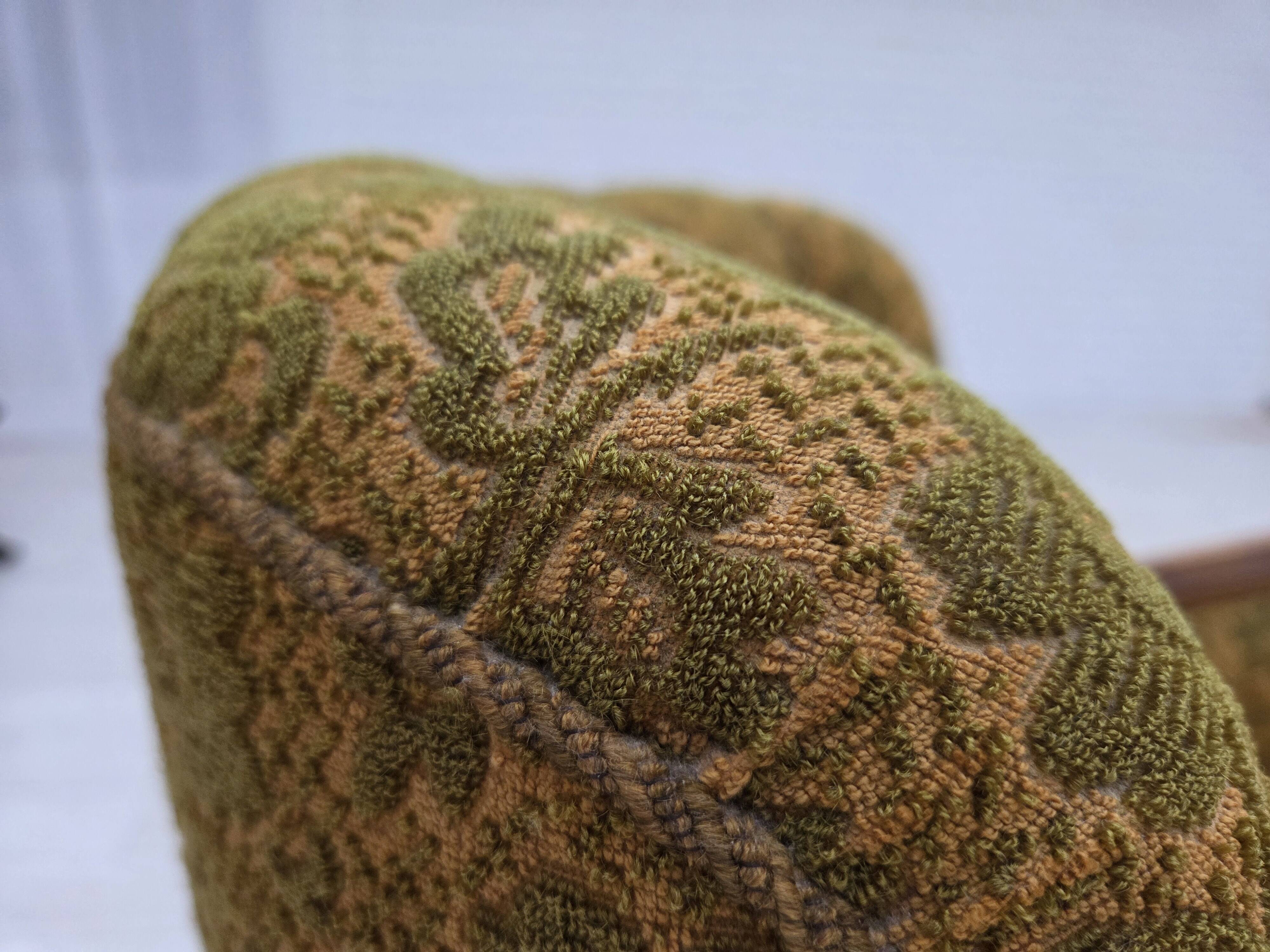 1950s, Danish armchair, furniture wool, hand carved oak wood.