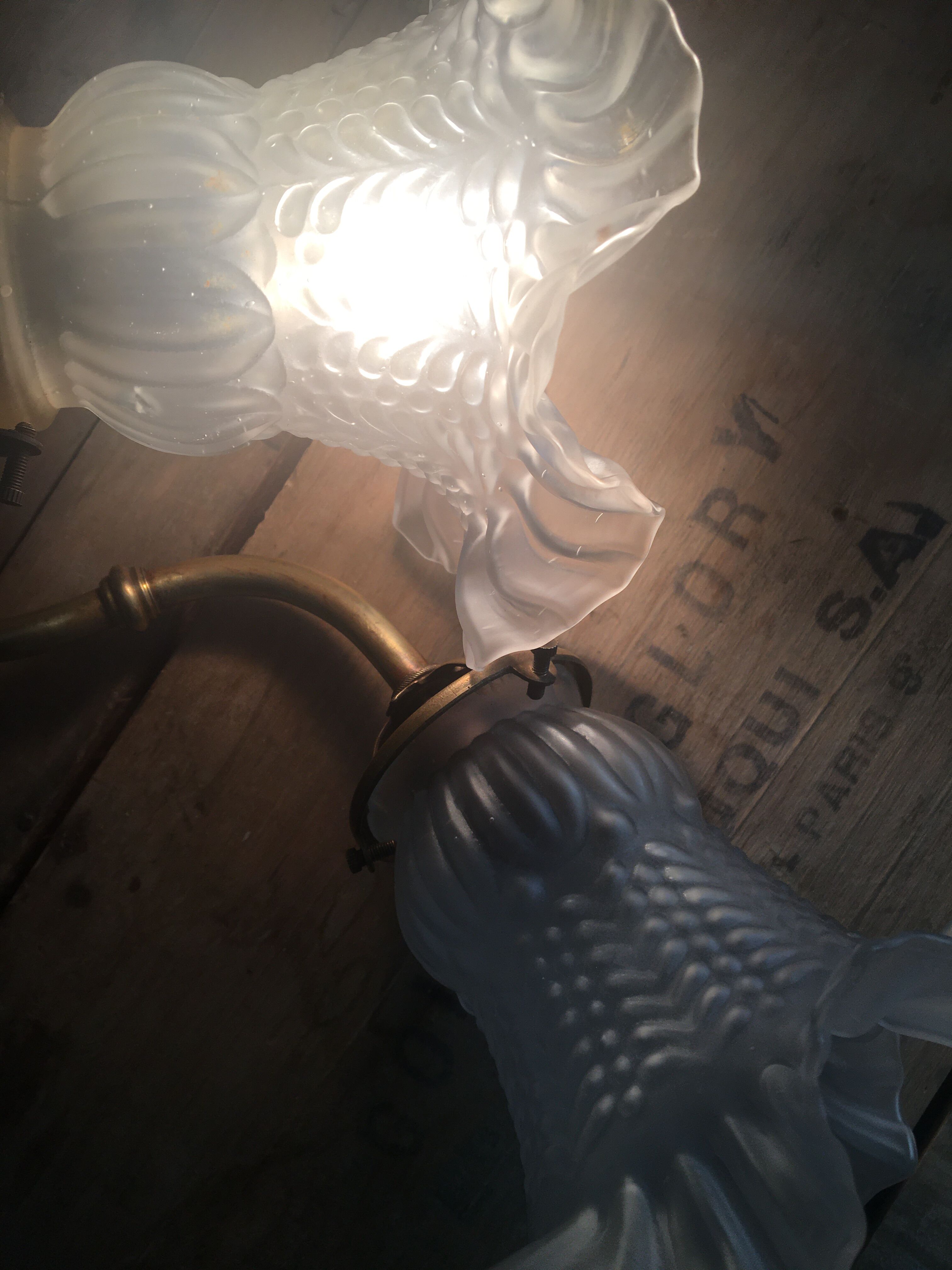 Glass wall light and brass swan collar, 1900