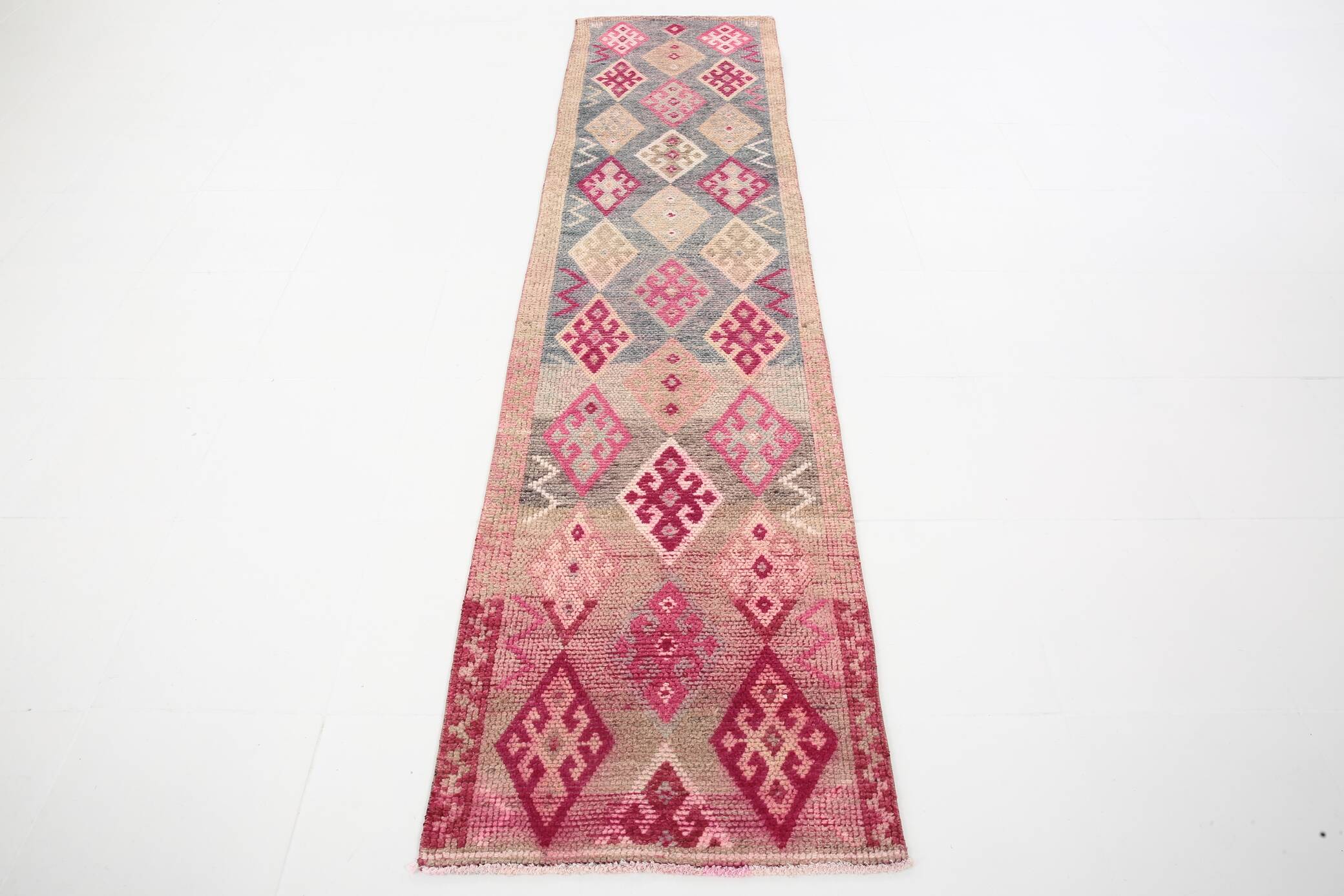 Pastel Pink & Cream Turkish Vintage Runner Rug, 72x306Cm