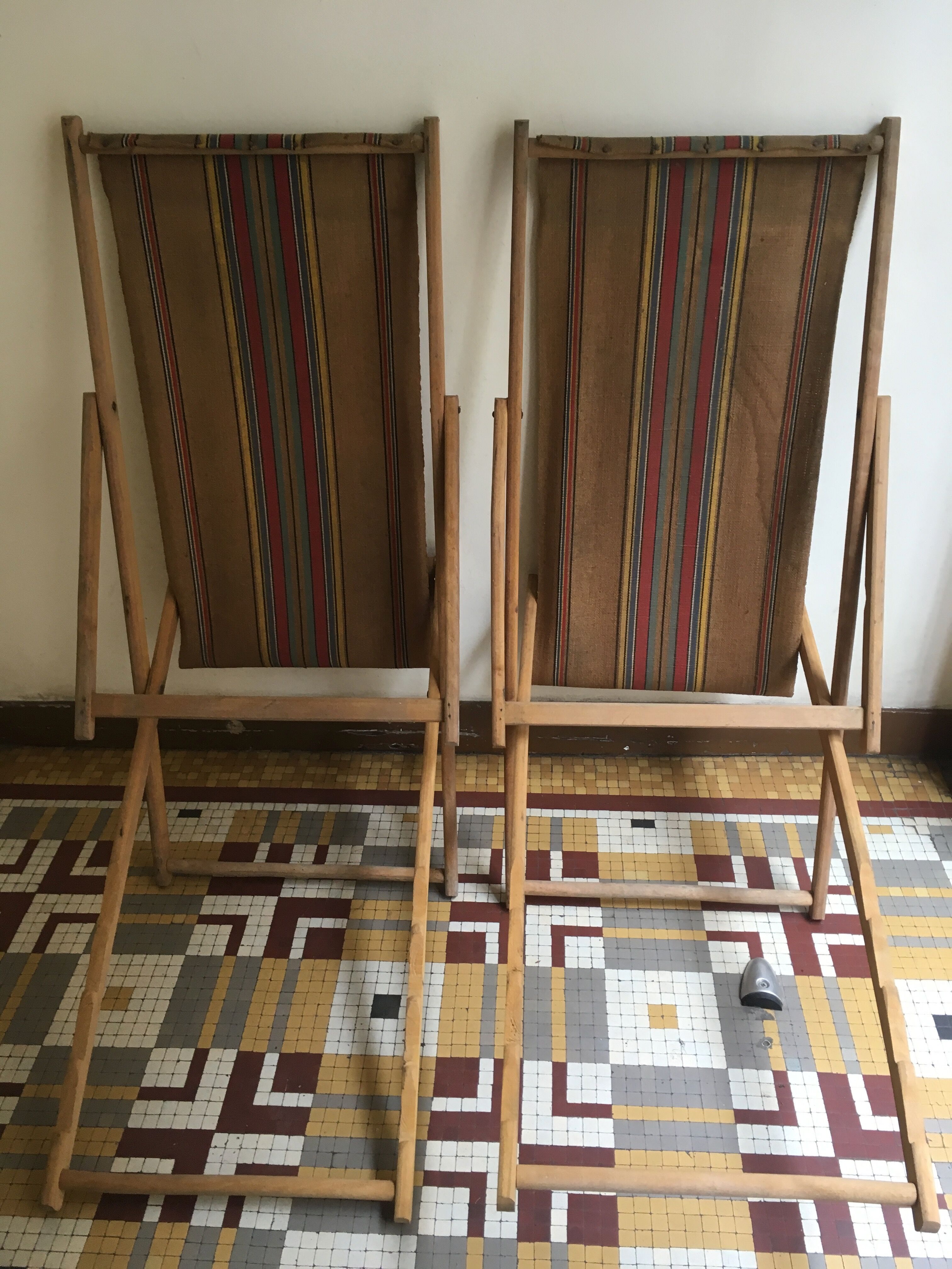 Paire de transats fin 1950 en toile de jute d'origine