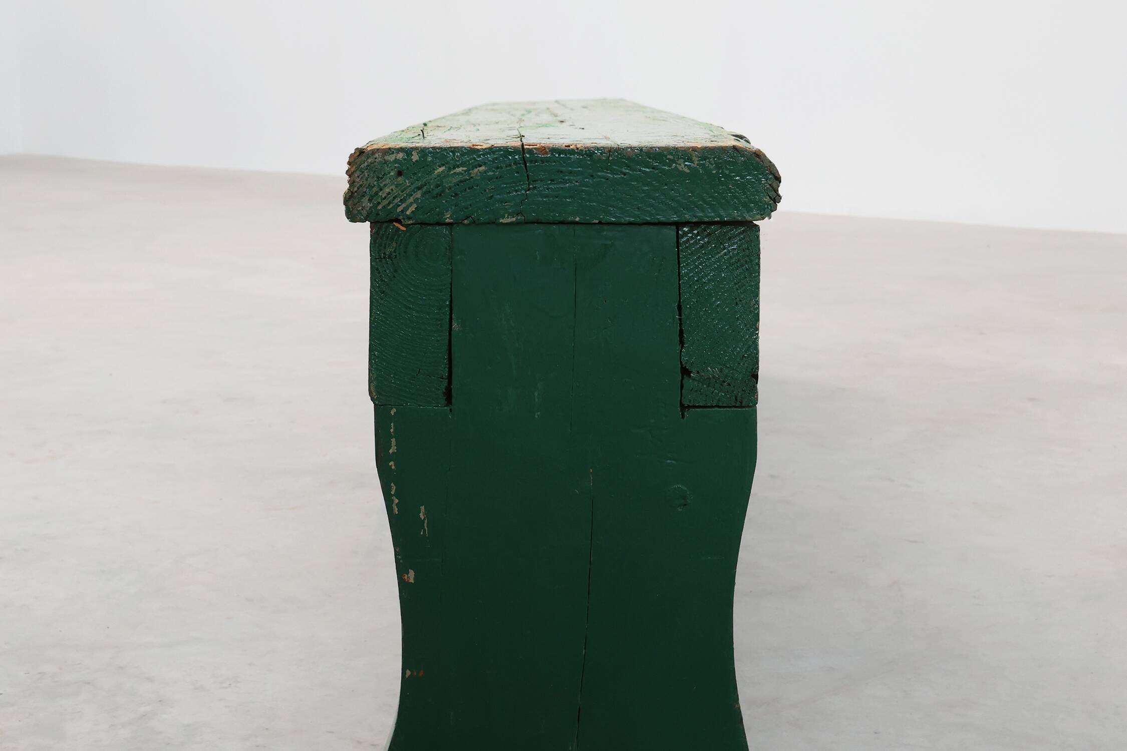 Rustic primitive green farmhouse bench in solid oak, France ca. 1900