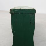 Rustic primitive green farmhouse bench in solid oak, France ca. 1900