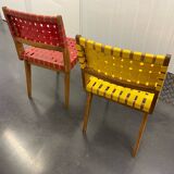 Paire chaises rouge et jaune style Risom vers 1950