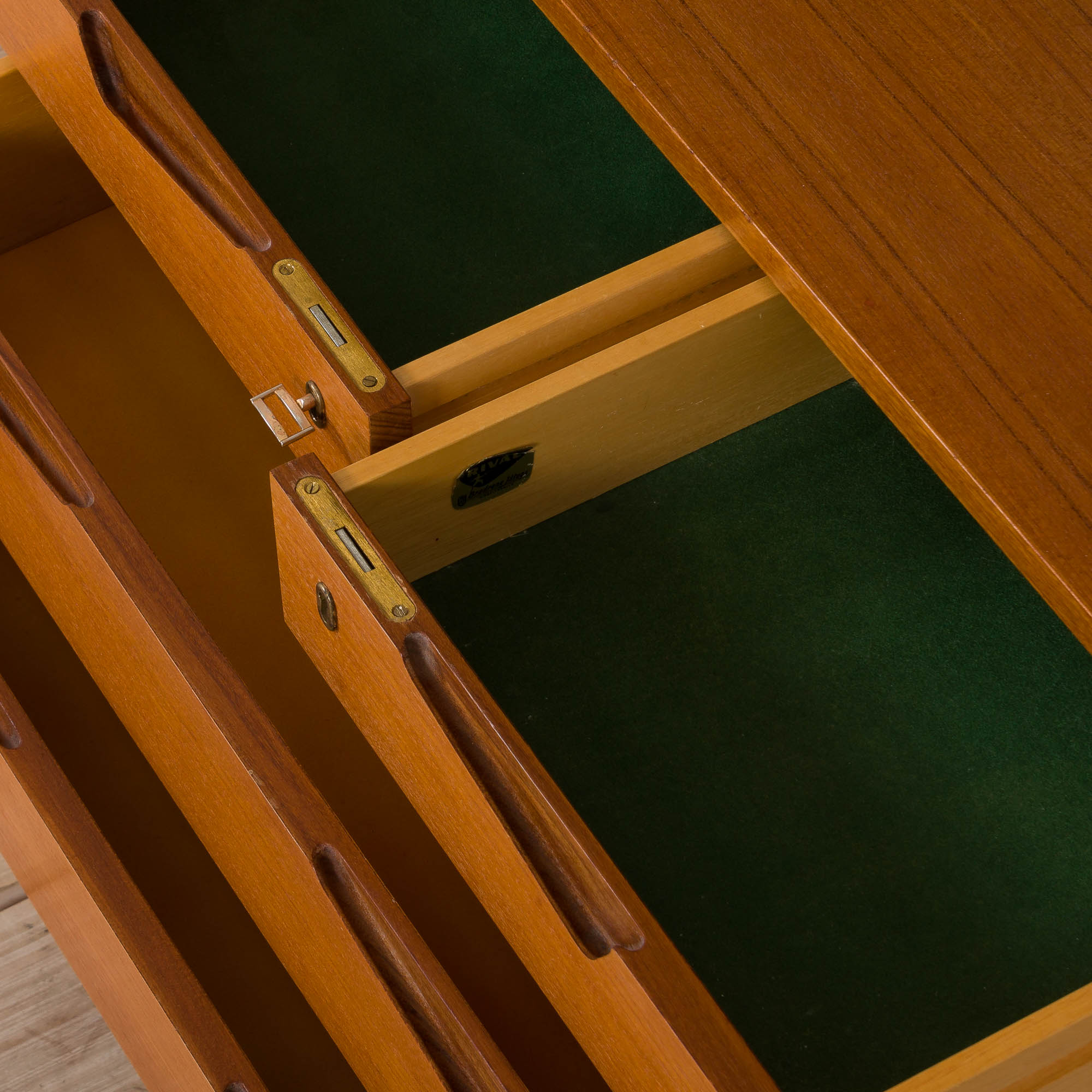 Rival 2 bay free standing teak wall unit with 3 cabinets and 3 shelves by Brodrene Jatogs Norway, Kj