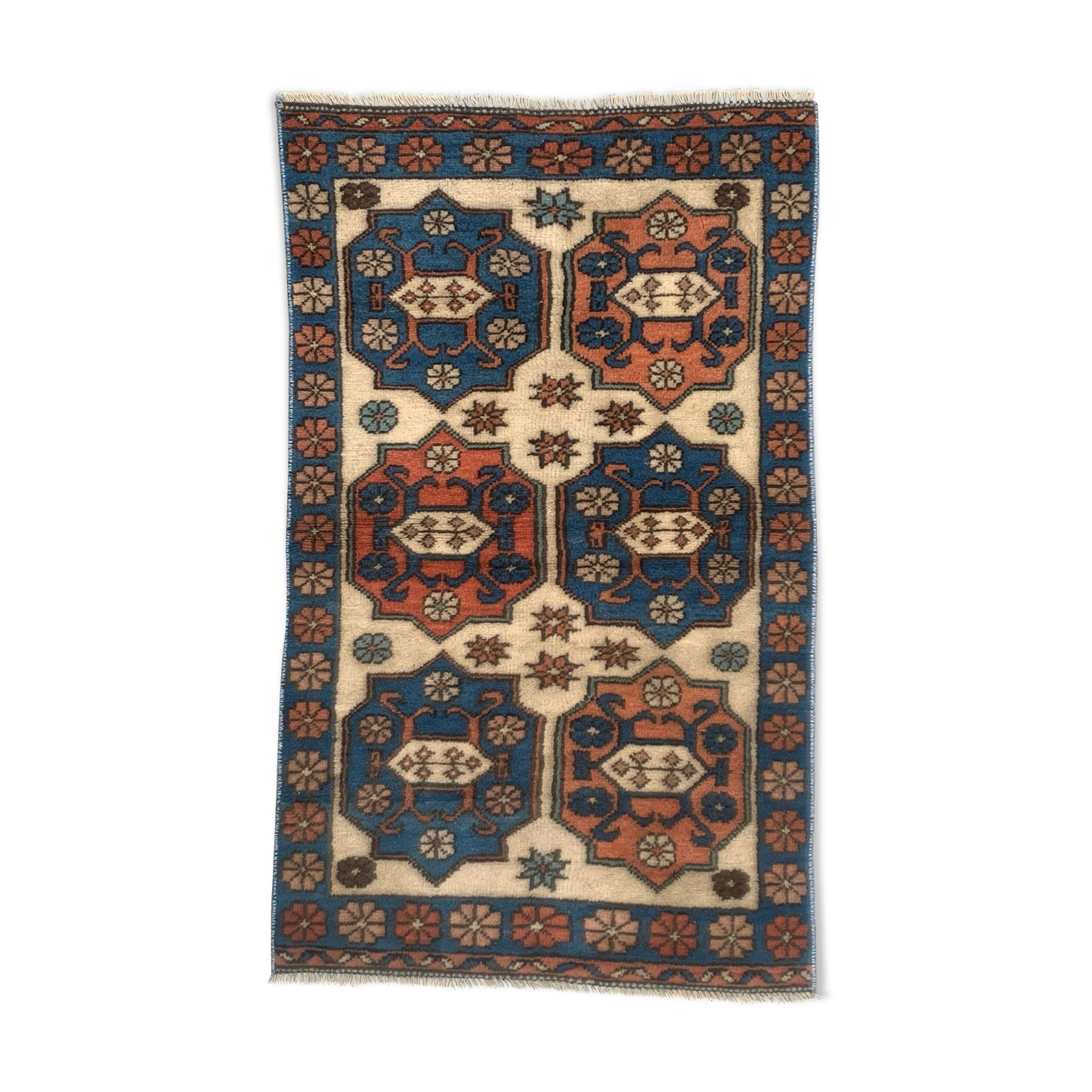 Vintage Turkish Kazak Rug Oriental 135x81 cm Tribal Small Carpet, Red and Blue
