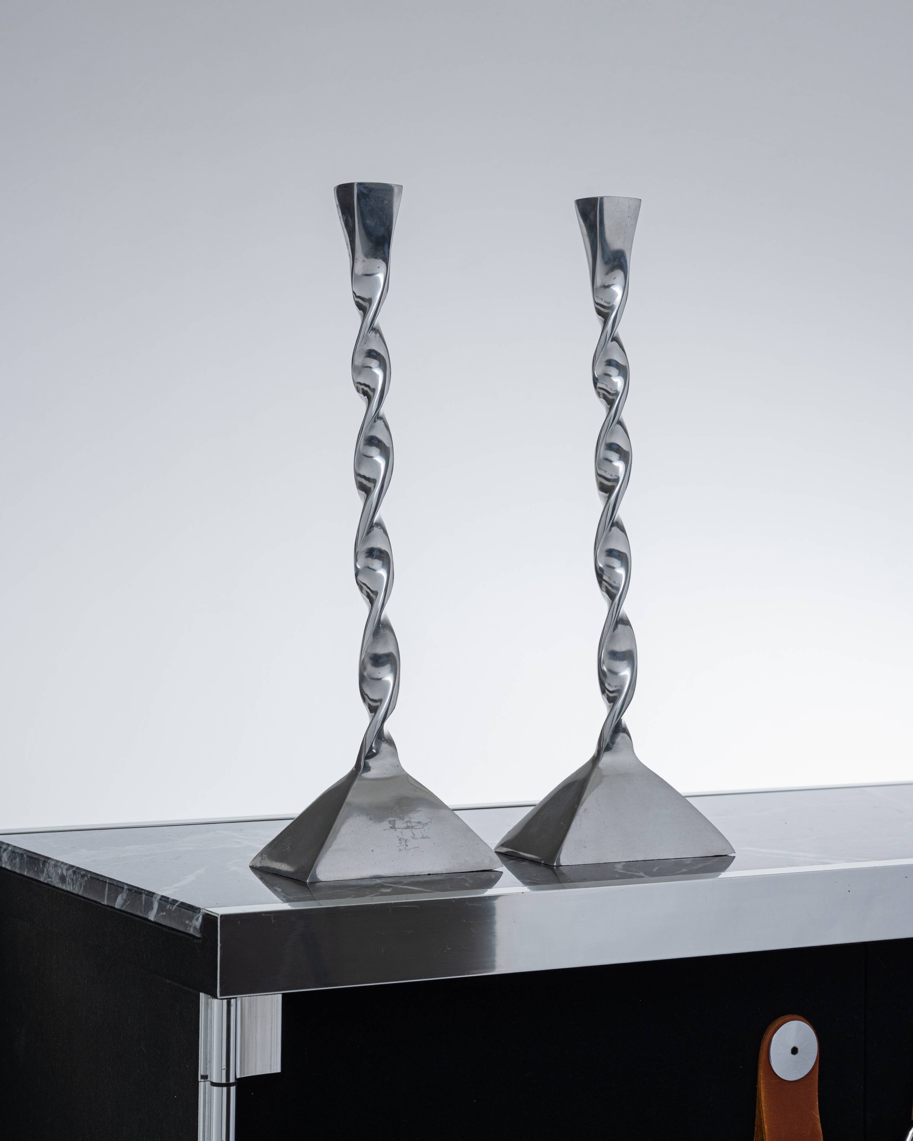 Pair of twisted metal candlesticks, 1980s