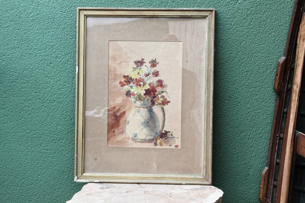 Still life, watercolor bouquet of flowers, signed L. de Bouvry
